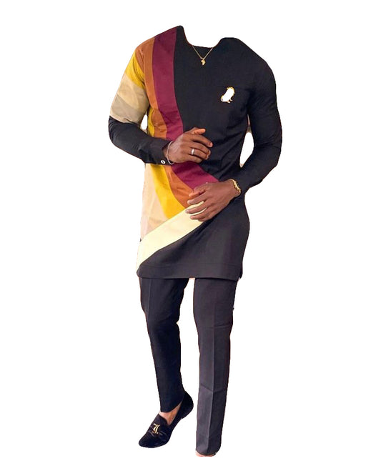 African Art Wear Men's Clothing Long Sleeve 2 piece Set Black & Maroon Yellow Top Shirt With Matching Pant