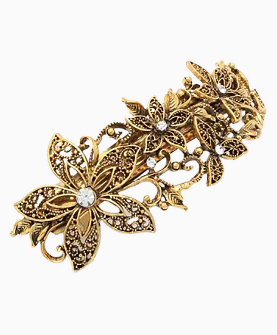 Vintage Style Gilt Crystal Filligree Flower Barrette 5333