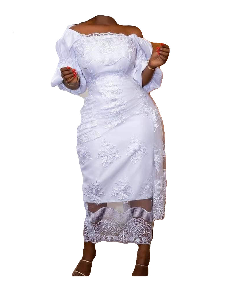 African Women Trendy Wear Solid White Bodycon Long Ruffle Sleeve Outfit