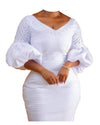 African Women Trendy Wear Solid White V Neck Bodycon Ruffle Sleeve Outfit