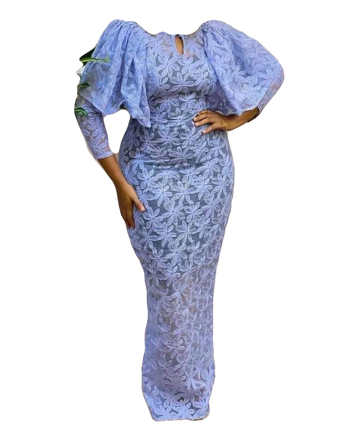 African Women Party Wear Light Grey Blue Bodycon Long Ruffle Sleeve Stylish Outfit
