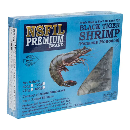 NSFIL Premium Semi - IQF Raw HOSO Black Tiger Prawns(13/15, 750g net)-1kg