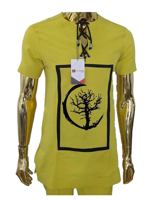 African Art Wear top Outfit Casual Men Short Sleeve Lemon Ginger Two Piece set Print t-shirt