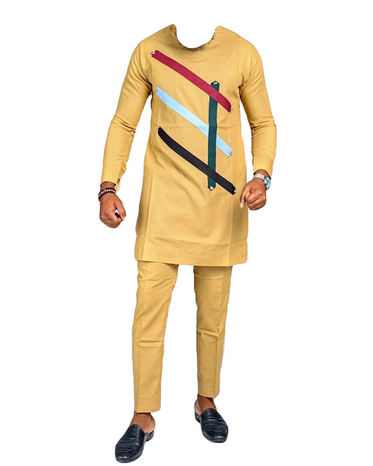African Art Wear top Outfit Casual Men Long Sleeve Yellow Multicolor Stripe Two Piece set Print shirt
