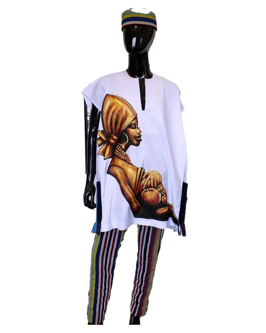 African Art Wear summer top Outfit Casual Women Short Sleeve White Golden Lady Multicolor Print loose fashion Long T-shirt