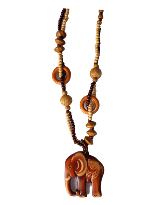 African Tribal art Wooden Handicraft beaded Reddish Brown Elephant Locket Jewelry Necklace set