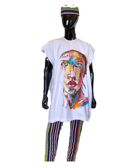 African Art Wear summer top Outfit Casual Women Short Sleeve White Makeup Lady Multicolor Print loose fashion Long T-shirt