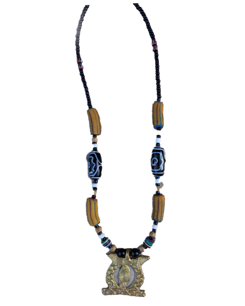 African Tribal art Wooden Handicraft beaded Golden Locket jewelry Necklace set for women