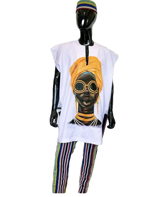 African Art Wear summer top Outfit Casual Women Short Sleeve White Black Lady Wearing Cap Print loose fashion Long T-shirt
