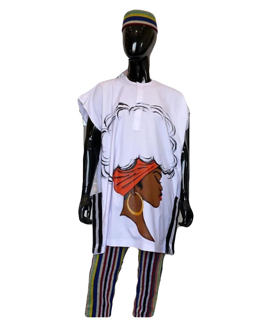 African Art Wear Outfit Women White Lady Print Short Sleeve summer top loose fashion Long T-shirt