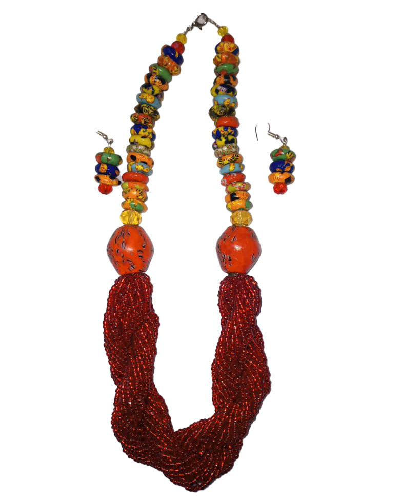 African Tribal art Handmade beaded Maroon and Multicolor jewelry Earrings And Necklace set for women