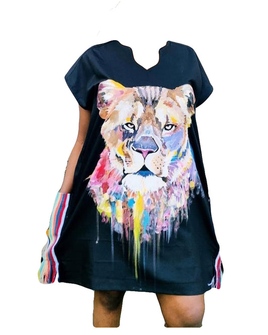 African Art Wear Outfit Women Black Tigress Print Short Sleeve summer top loose fashion Long T-shirt