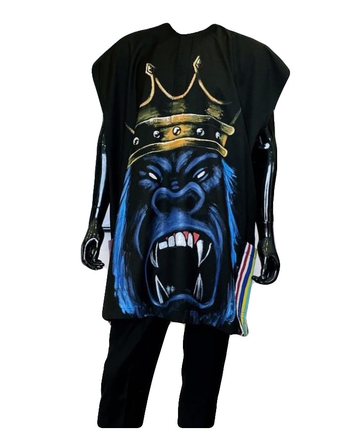 African Art Wear Outfit men Black Blue Gorilla Crown Print Short Sleeve summer top loose fashion Long T-shirt