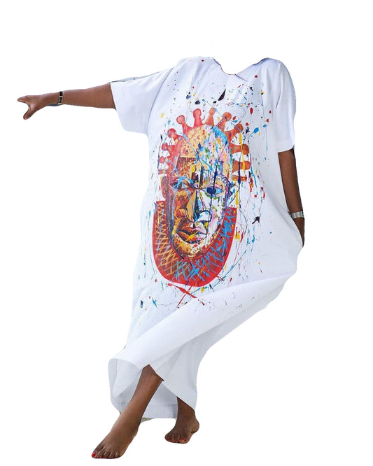 African Art Wear Summer Short Sleeve Dresses for Women White And Multicolor Stylish Print Top Long Maxi