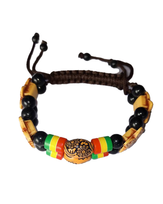 African Wooden Handicraft Beaded Tribal Art Multicolored Printed Bracelet