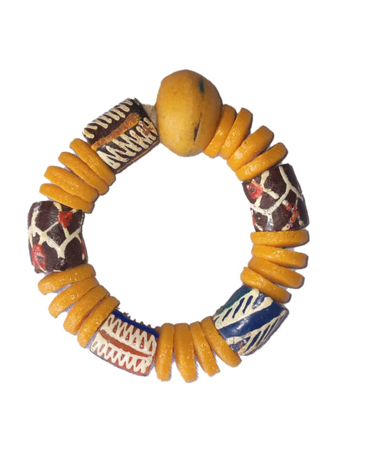 African Wooden Handicraft Beaded Tribal Art Yellow Painted Bracelet