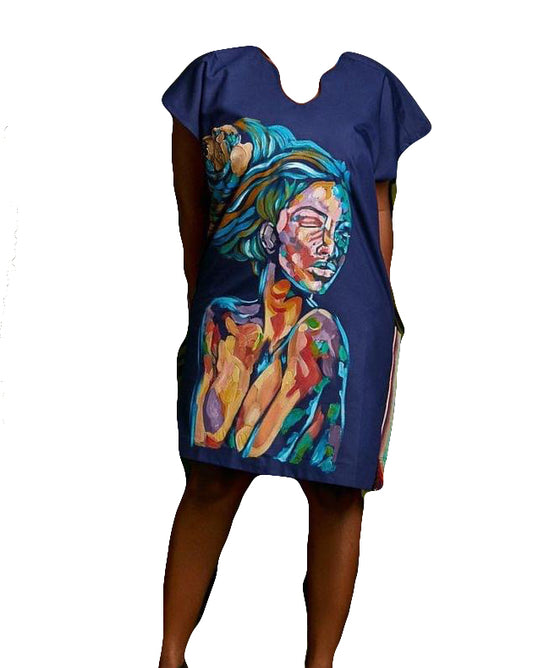 African Art Wear Outfit Women Navy Lady Casual Print Short Sleeve summer top design loose fashion Long T-shirt