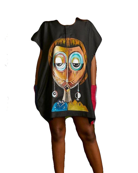 African Art Wear Outfit Women Black Casual Print Short Sleeve summer top design loose fashion Long T-shirt