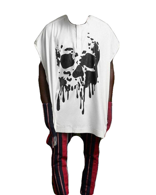 African Art Wear Outfit Men White & Black Casual Print Short Sleeve summer top design loose fashion T-shirt