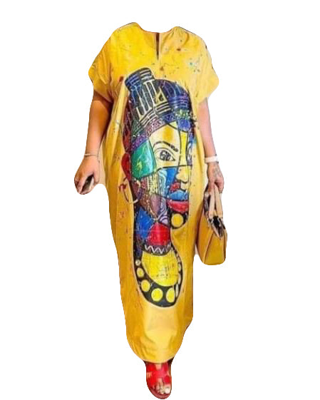 African Art Wear Dresses for Women Yellow Multicolor Lady Print Summer Short Sleeve Top Long Maxi