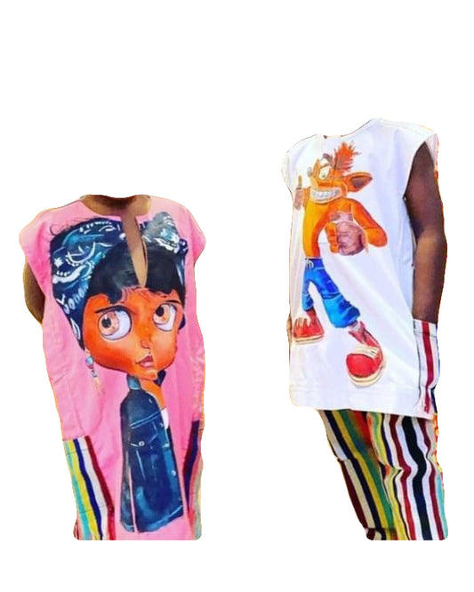 African Art Wear Outfit Unisex Multicolor Cartoon Print Short Sleeve summer casual top design loose fashion T-shirt