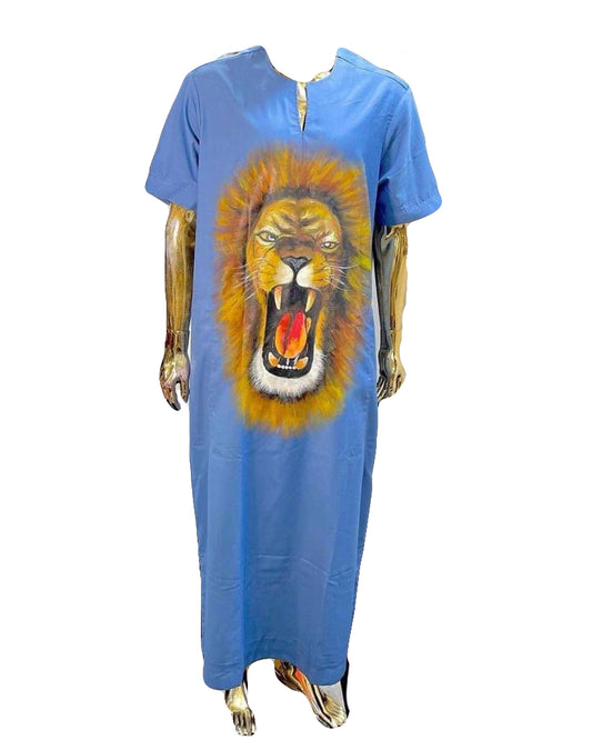 African Art Wear Dresses for Women Blue Lion Head Print Summer Short Sleeve Top Long Maxi