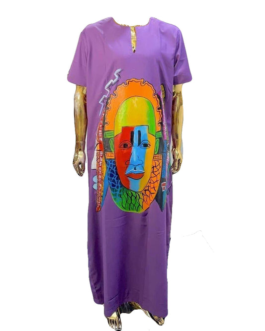 African Art Wear Dresses for Women Violet Multicolor Print Summer Short Sleeve Top Long Maxi