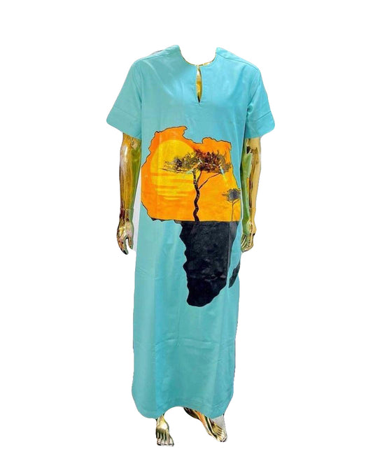 African Art Wear Dresses for Women Aqua Blue Tree Print Summer Short Sleeve Top Long Maxi