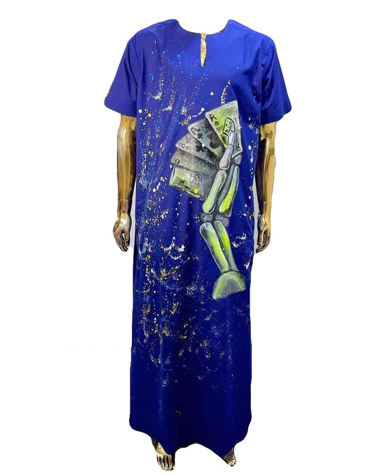 African Art Wear Dresses for Women Blue Card Print Summer Short Sleeve Top Long Maxi
