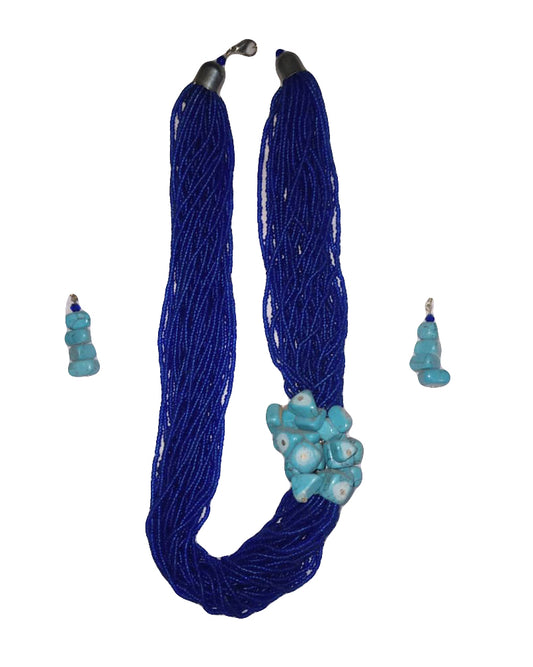 African Tribal art Handmade beaded african Navy - Aqua Blue Jewelry Necklace Earrings set for women