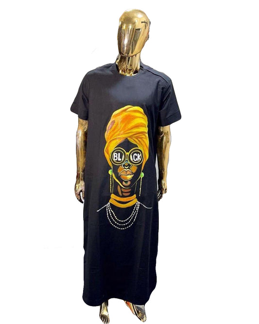 African Art Wear Dresses for Women Black Print Summer Short Sleeve Top Long Maxi
