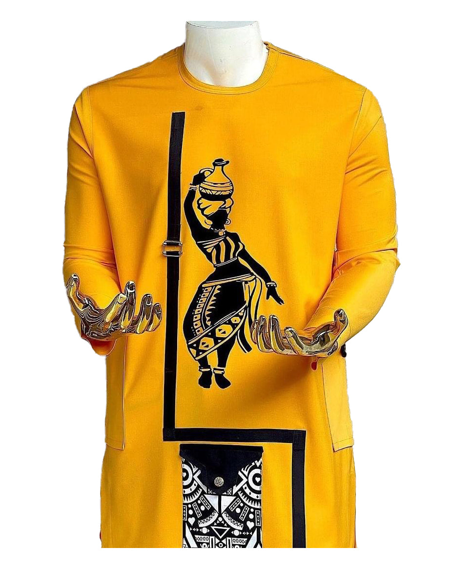 African Men's Art Wear Yellow Black Pot Over Head Women Print Long Sleeve T-Shirt
