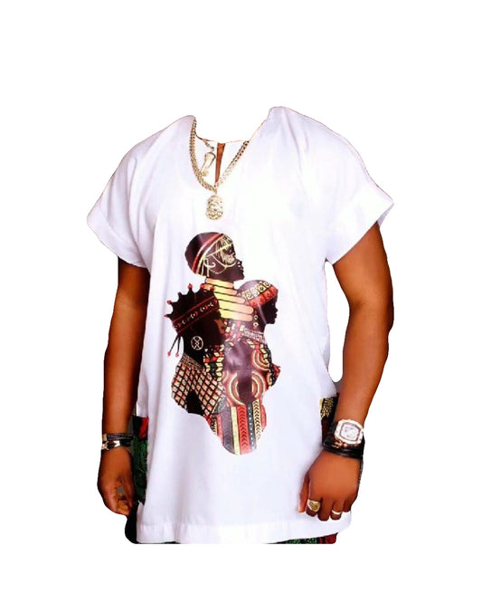 African Men's Art Wear White Print Short Sleeve Top Shirt