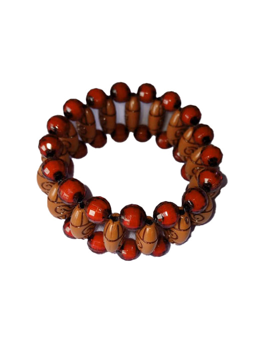African Handicraft Beaded Tribal Art Dark Brown And red stone Wooden round Bracelet