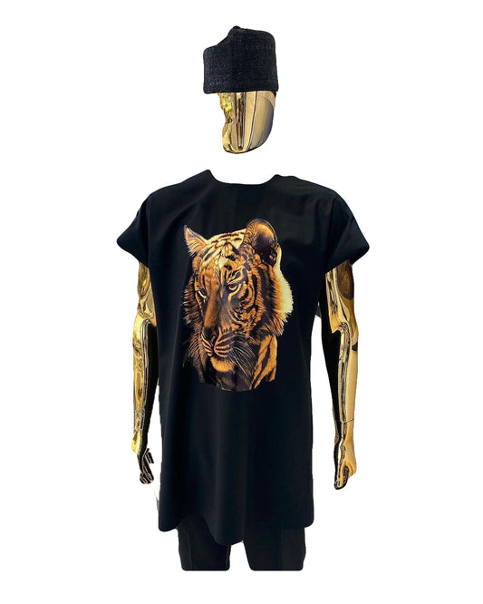 African Art Wear Men Short Sleeve Top Black And Golden Tiger Face Graphic Print T-shirt