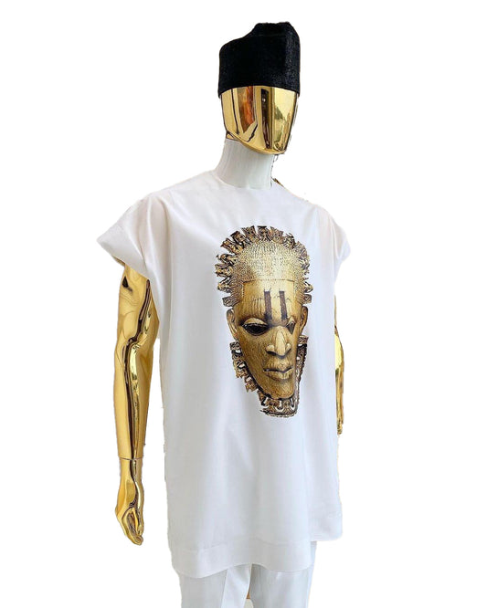 African Art Wear Men Short Sleeve Top White And Golden Ancient Tribal Face Graphic Print T-shirt