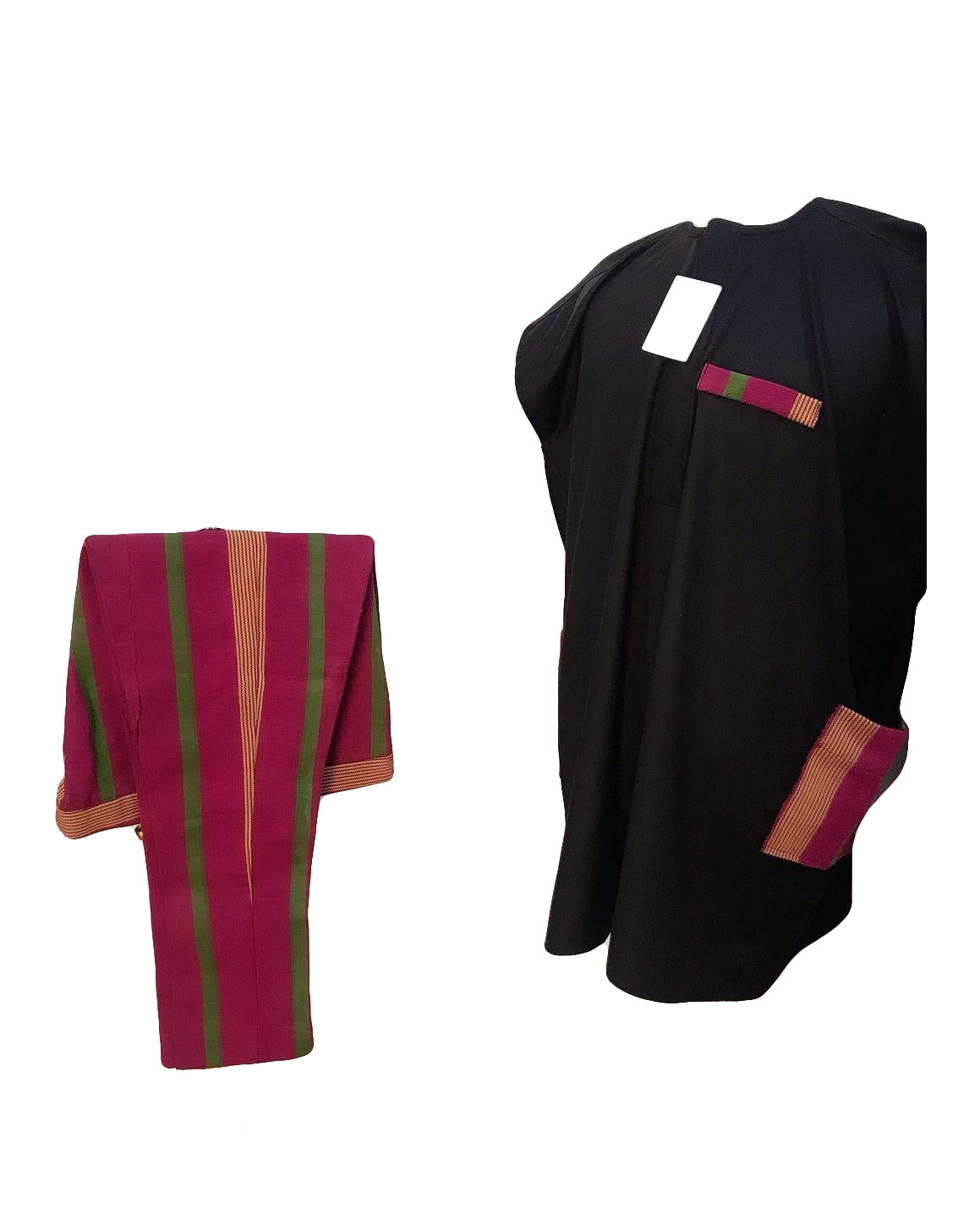 African Art Wear men Two Piece Set Short Sleeve Top Solid Black and Red Side Pocket shirt With Stripe Trouser
