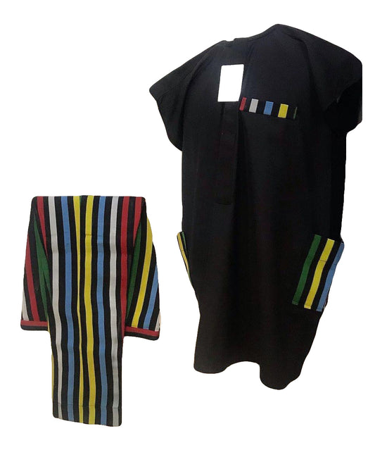 African Art Wear men Two Piece Set Short Sleeve Top Plain Black Side Pocket shirt With Stripe Trouser