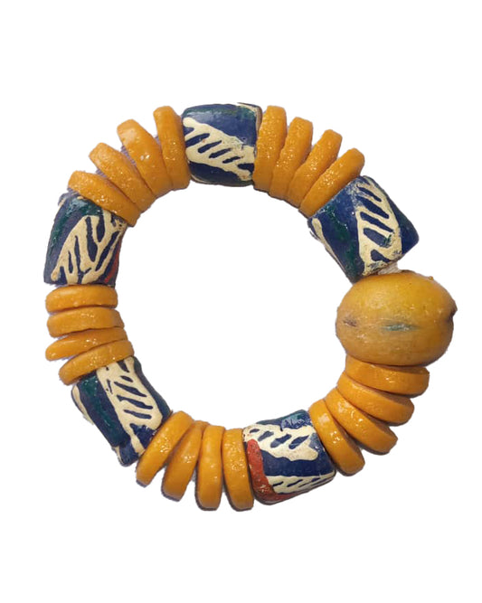 African Handicraft Beaded Tribal Art Apricot Blue Printed Bracelet