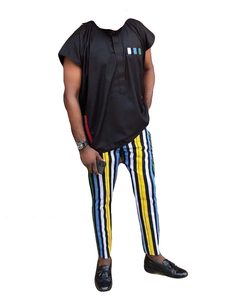 African Art Wear men Two Piece Set Short Sleeve Top Black male T-shirt With Stripe Trouser