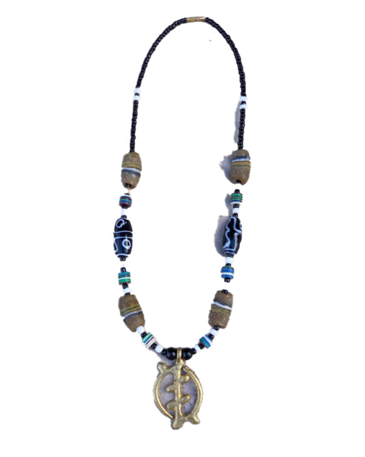 African Tribal art Wooden Handmade Blue And bright golden Jewelry Unique Beads Pendant Locket Necklace set for women