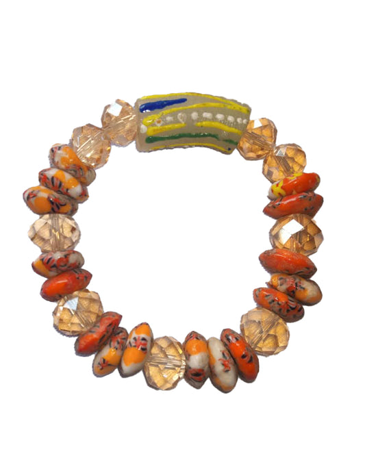 African Handicraft Beaded Tribal Art Orange Yellow Stone Printed Bracelet
