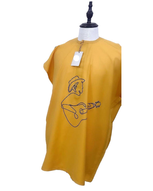 African Art Wear men Short Sleeve Top Yellow Playing Guiter Man Graphic Print Long male T-shirt