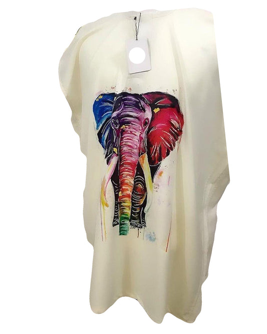 African Art Wear men Short Sleeve Top White & Colorful Elephant Graphic Print Long male T-shirt