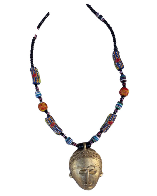 African Tribal art Handmade Wooden Blue & Golden Jewelry Face shape Metallic Pendant Locket Necklace set for women