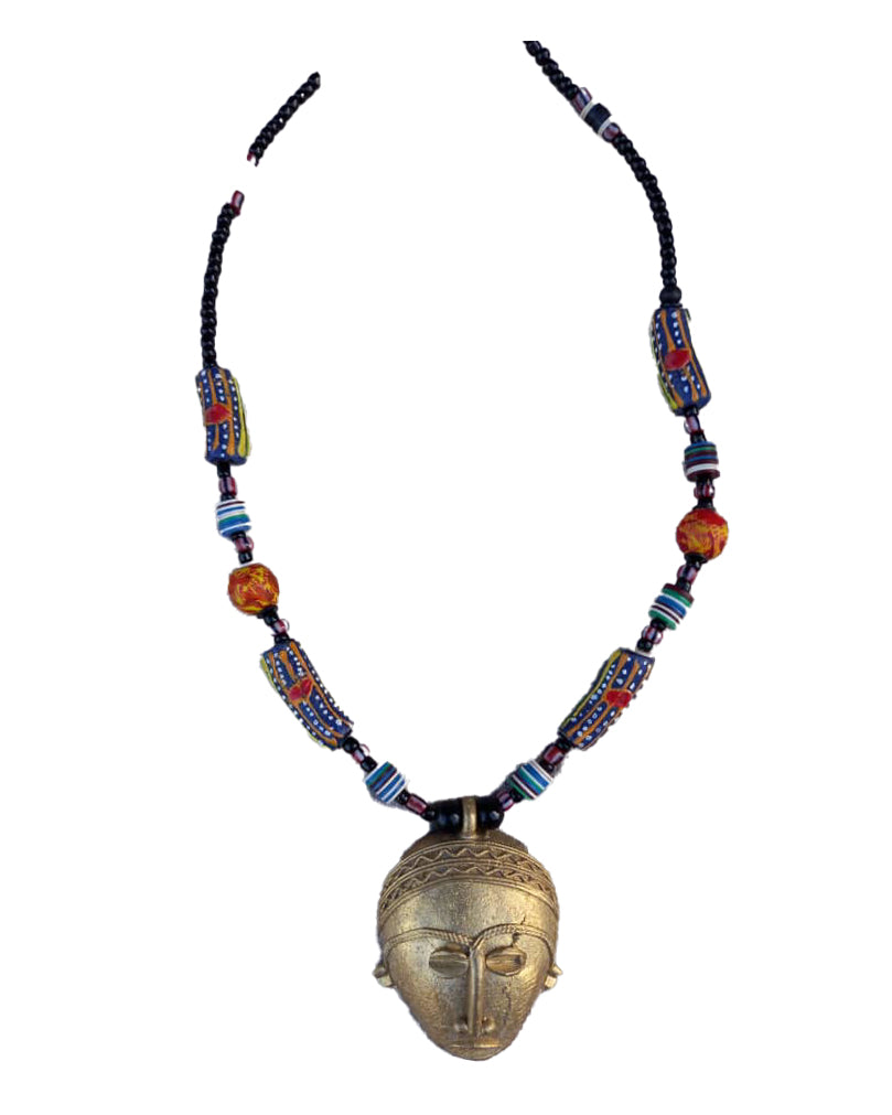 African Tribal art Handmade Wooden Blue & Golden Jewelry Face shape Metallic Pendant Locket Necklace set for women