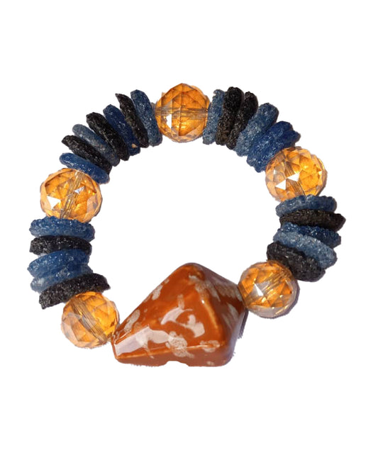 African Handicraft Wooden Beaded Tribal Art Dark Navy Blue And orange Printed Stone Bracelet