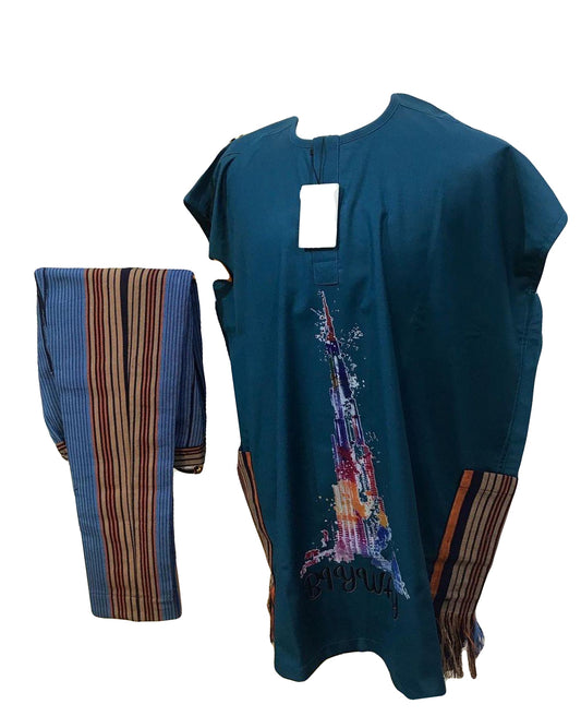 African Art Wear Women Short Sleeve Two piece Set Top Blue Eifel Tower Graphic Long Female T-shirt With Trouser