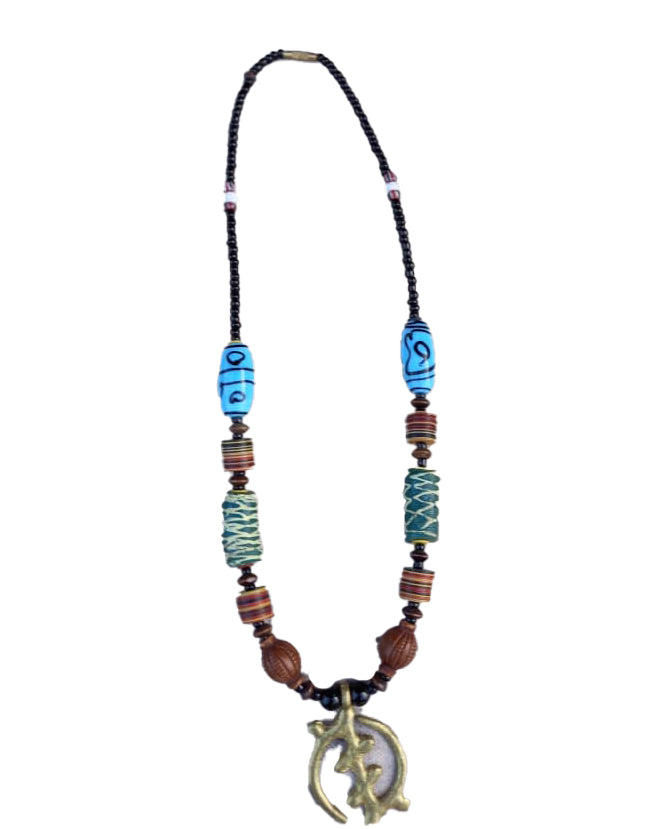 African Tribal art Handmade Wooden Deep Coffee and Aqua Blue Jewelry Golden Locket Necklace set for women