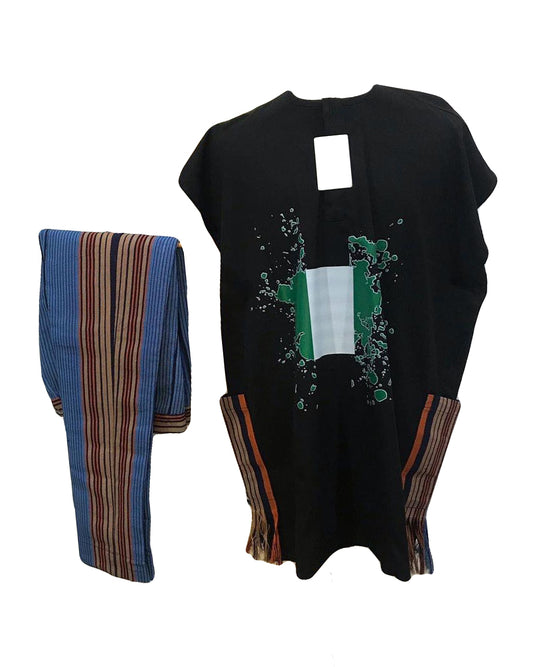 African Art Wear Women Short Sleeve Two piece Set Top Black White & Green Graphic Long Female T-shirt With Trouser